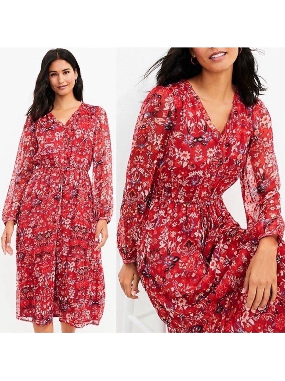 LOFT Red Floral V‑Neck Long Sleeve Midi Dress